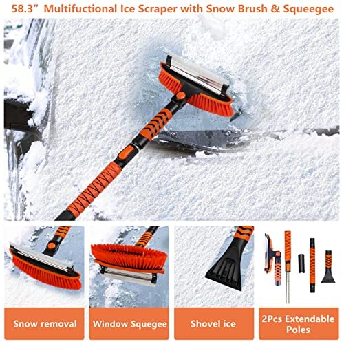 HOHUIGO 58.5" Ice Scraper and Extendable Snow Brush for Car Windshield, Snow Scraper Brush Detachable for Car Auto SUV Truck Vehicle 180° Pivoting, Snow Ice Remover Snow Broom Kit with Foam Grip