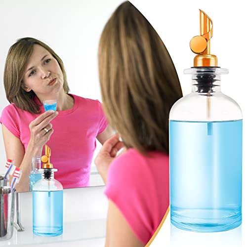 Mouthwash Dispenser for Bathroom Mouth Wash, 12 oz Mouthwash Glass Containers with Cups, Pour Spouts, Funnel and Labels, Clear Glass Bottles Mouthwash Decanter