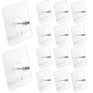 junwapy 14 pack adhesive wall mount screw hooks, durable wall hooks for hanging, 2 in 1 screw free sticker for wall mount, adhesive hooks heavy duty for bathroom kitchen home and office(16 mm)