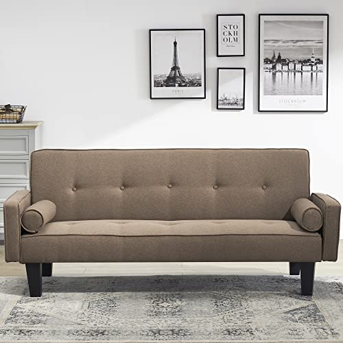 72" Sleeper Sofa Bed,Convertible Sofa Couch Bed Includes Two Pillows Dark Grey Cotton Linen Sofa Bed for Living Room (Brown)