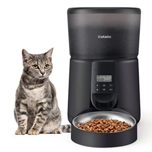 automatic cat feeders,katalic clog-free 4l cat food dispenser with sliding lock lid storage timed feeder for cat and dogs with voice recorder, programmable meal & portion automatic feeder (gray black)