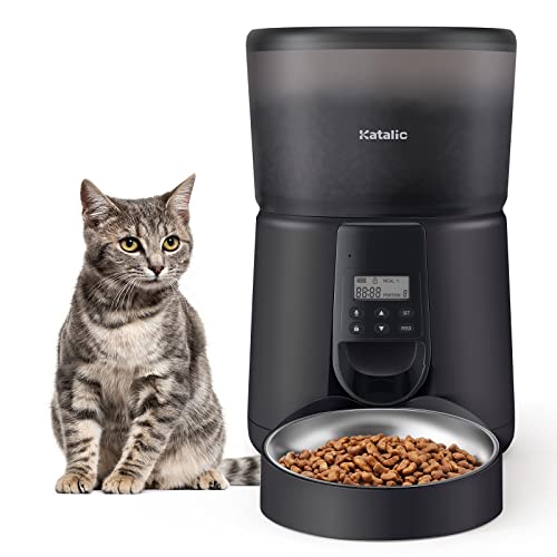 Automatic Cat Feeders,Katalic Clog-Free 4L Cat Food Dispenser with Sliding Lock Lid Storage Timed Feeder for Cat and Dogs with Voice Recorder, Programmable Meal & Portion Automatic Feeder (Gray black)