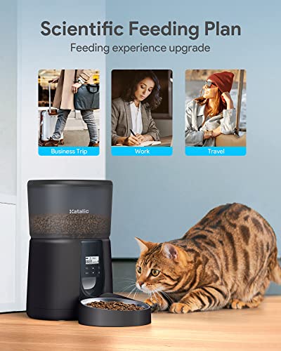 Automatic Cat Feeders,Katalic Clog-Free 4L Cat Food Dispenser with Sliding Lock Lid Storage Timed Feeder for Cat and Dogs with Voice Recorder, Programmable Meal & Portion Automatic Feeder (Gray black)