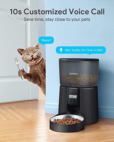 Automatic Cat Feeders,Katalic Clog-Free 4L Cat Food Dispenser with Sliding Lock Lid Storage Timed Feeder for Cat and Dogs with Voice Recorder, Programmable Meal & Portion Automatic Feeder (Gray black)