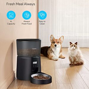 Automatic Cat Feeders,Katalic Clog-Free 4L Cat Food Dispenser with Sliding Lock Lid Storage Timed Feeder for Cat and Dogs with Voice Recorder, Programmable Meal & Portion Automatic Feeder (Gray black)