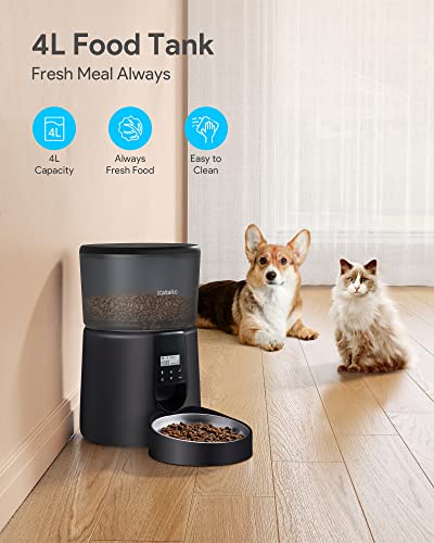 Automatic Cat Feeders,Katalic Clog-Free 4L Cat Food Dispenser with Sliding Lock Lid Storage Timed Feeder for Cat and Dogs with Voice Recorder, Programmable Meal & Portion Automatic Feeder (Gray black)