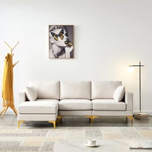 yoglad modern 3 seat sectional sofa, contemporary couch, sofa with pillow, lounge chaise l-shape couch with gold metal legs, free combination, furniture for living room (beige, 92" polyester)