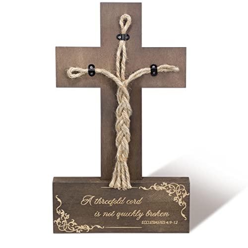 Sign for Wedding Ceremony Wedding Wooden Sign a Threefold Cord Wooden Cross Cord of Three Strands Knot Rustic Rope Cross for Reception Braid Signs Wall Decor Gifts, 13.8 x 7.8 Inch