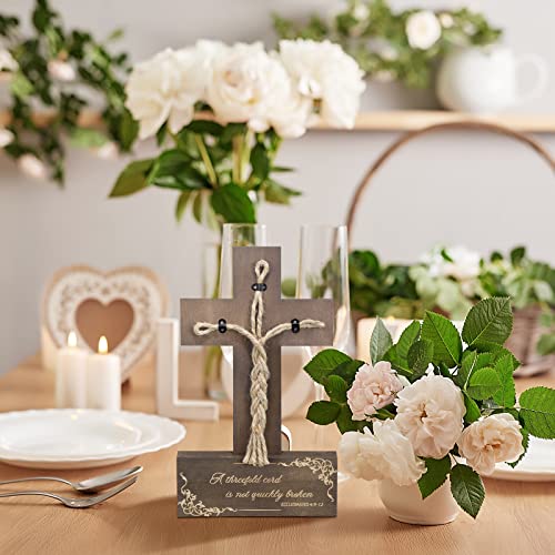 Sign for Wedding Ceremony Wedding Wooden Sign a Threefold Cord Wooden Cross Cord of Three Strands Knot Rustic Rope Cross for Reception Braid Signs Wall Decor Gifts, 13.8 x 7.8 Inch