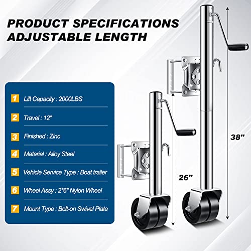 Swivel Trailer Jack with 6 Inch Dual Wheels 2000 Lbs Capacity 12" Lift Heavy Duty Boat Trailer Jack Swing Back Anti Rust Double Wheels Trailer Tongue Jack for RV Camper Utility Accessories