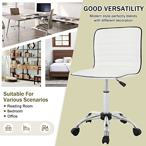 Vanity Chair Makeup Chair PU Leather Low Back Home Office Desk Chair Height Adjustable 360° Swivel Rolling Computer Chair Modern Executive Task Chair without Armrest for Vanity Makeup Room(White)