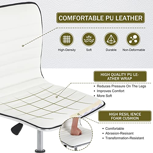 Vanity Chair Makeup Chair PU Leather Low Back Home Office Desk Chair Height Adjustable 360° Swivel Rolling Computer Chair Modern Executive Task Chair without Armrest for Vanity Makeup Room(White)