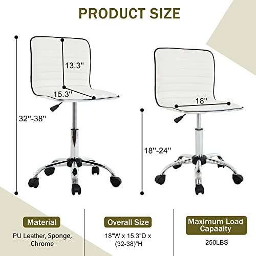 Vanity Chair Makeup Chair PU Leather Low Back Home Office Desk Chair Height Adjustable 360° Swivel Rolling Computer Chair Modern Executive Task Chair without Armrest for Vanity Makeup Room(White)