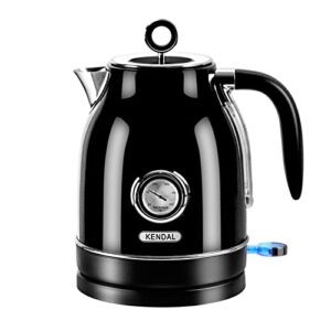1.7l stainless steel electric water kettle boiler with thermometer, temperature gauge and auto shut off, 1500w hot water heater with boil dry protection, black