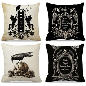 gothic themed 18’’x18’’set of 4 gothic and tarot goat owl and horses crow on a skull macabre memento mori art decorative throw pillow case,gothic home girls room,gifts for wife sister gothic lover