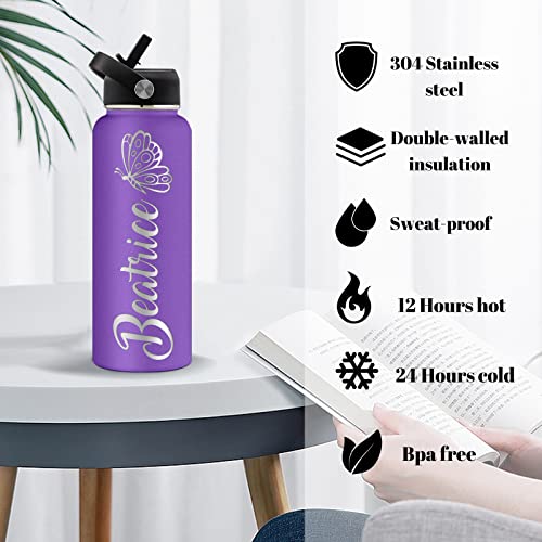 Personalized Water Bottles with Straw 24oz Custom Stainless Steel Sports Water Bottle with Engraved Name Text Customized Insulated Double Wall Water Bottles for School Sports