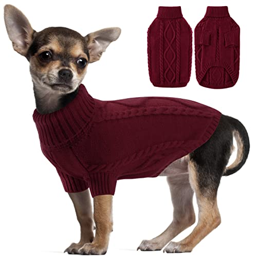 Turtleneck Pullover Dog Sweater Warm Puppy Clothes, Classic Knitwear Cute Cat Sweater for Small Dogs, Christmas Holiday Pet Outfits Apparel for Small Dogs, Burgundy S