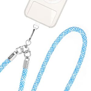 cell phone lanyard around the neck, crossbody phone strap with ring grip and transparent pad for most smartphones id badges bagpack keychain camera walking hiking (bluewhite, long)