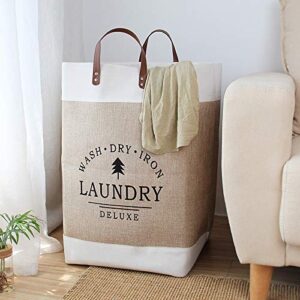 mililove 2pcs cotton linen laundry hamper, 22*16*10" large collapsible laundry baskets, leather handle, foldable dirty clothes underwear portable skinny hamper, toys organizer storage bins washing bin