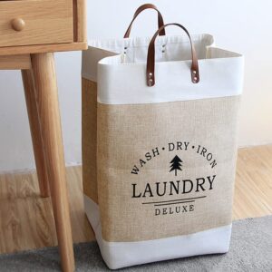 MILILOVE 2PCS Cotton Linen Laundry Hamper, 22*16*10" Large Collapsible Laundry Baskets, Leather Handle, Foldable Dirty Clothes Underwear Portable Skinny Hamper, Toys Organizer Storage Bins Washing Bin