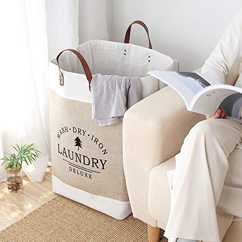 MILILOVE 2PCS Cotton Linen Laundry Hamper, 22*16*10" Large Collapsible Laundry Baskets, Leather Handle, Foldable Dirty Clothes Underwear Portable Skinny Hamper, Toys Organizer Storage Bins Washing Bin