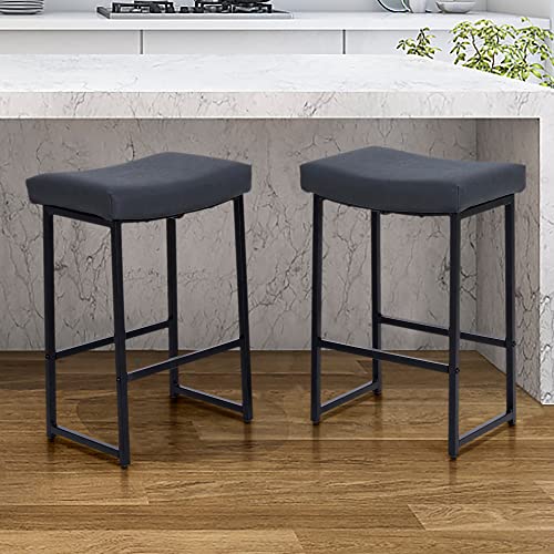 HERA'S PALACE Black 24" Square Saddle Barstools Set of 2, Metal Bar Stools Counter Height, Modern Backless Faux Leather Counter Stool for Kitchen Island Counter, Dining Pub, etc