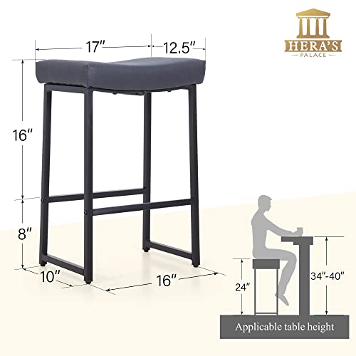 HERA'S PALACE Black 24" Square Saddle Barstools Set of 2, Metal Bar Stools Counter Height, Modern Backless Faux Leather Counter Stool for Kitchen Island Counter, Dining Pub, etc