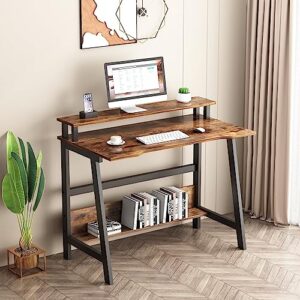 yq jenmw small computer desk for small spaces - 33.5" inch modern writing table with monitor storage shelf for home office and study, compact laptop desk in simple and sleek style