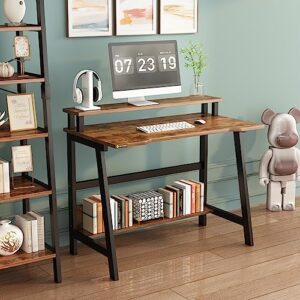 YQ JENMW Small Computer Desk for Small Spaces - 33.5" Inch Modern Writing Table with Monitor Storage Shelf for Home Office and Study, Compact Laptop Desk in Simple and Sleek Style