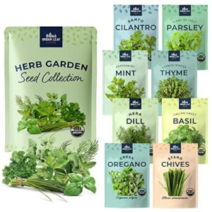 organic herb seeds for planting, indoor outdoor and hydroponic garden, incl basil cilantro mint and dill seeds, non gmo and usda certified organic, gardening variety pack