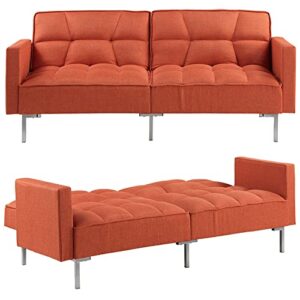 Majnesvon Linen Upholstered Modern Convertible Folding Futon Sofa Bed for Compact Living Space, Apartment, Dorm, Metal Legs (Orange)