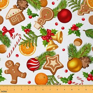 feelyou christmas fabric by the yard, new year gingerbread cookies bells theme upholstery fabric for chairs and home diy projects, candy cane pattern decorative waterproof outdoor fabric, 1 yard