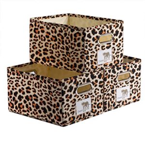 prandom collapsible storage baskets for closet [3-pack] decorative linen fabric storage bins cubes with metal handles for shelves bedroom living room leopard print (11.5x8.5x6.7 inch)