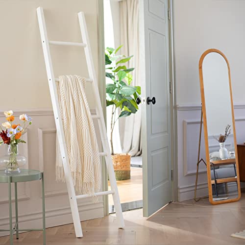 FUIN 6ft Wooden White Blanket Ladder Living Room Decorative Wall Leaning Farmhouse Quilt Display Holder Rustic Wood Towel Rack for Bathroom