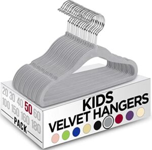 utopia home kids hangers velvet (pack of 50) - 11.6 inch durable baby hangers for closet - perfect toddler hangers for everyday use (grey)