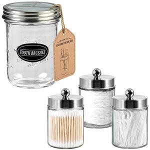 3 pack apothecary jar canisters bathroom vanity organizer for qtips+mason jar toothbrush holder with 16 ounce ball mason jar - rustic farmhouse decor black bathroom accessories - brushed nickel