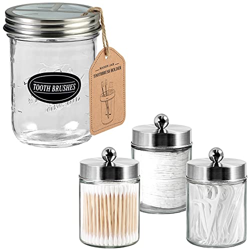 3 Pack Apothecary Jar Canisters Bathroom Vanity Organizer for Qtips+Mason Jar Toothbrush Holder with 16 Ounce Ball Mason Jar - Rustic Farmhouse Decor Black Bathroom Accessories - Brushed Nickel