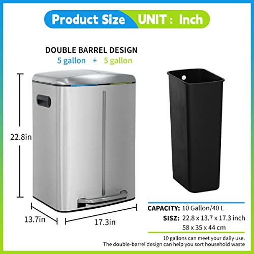 Bigacc Metal Dual Step Trash Can 10 Gallon/40L Stainless-Steel Garbage Can with Soft-Close Lid Anti-Fingerprint Mute Designed Trash Bin Trash Can for Kitchen,Bathroom,Restroom Office, Silver