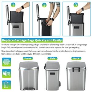 Bigacc Metal Dual Step Trash Can 10 Gallon/40L Stainless-Steel Garbage Can with Soft-Close Lid Anti-Fingerprint Mute Designed Trash Bin Trash Can for Kitchen,Bathroom,Restroom Office, Silver