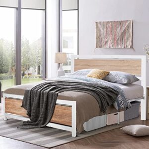 bed frame with industrial wooden headboard and footboard strong metal support frame noise-free no box spring needed (white, full)