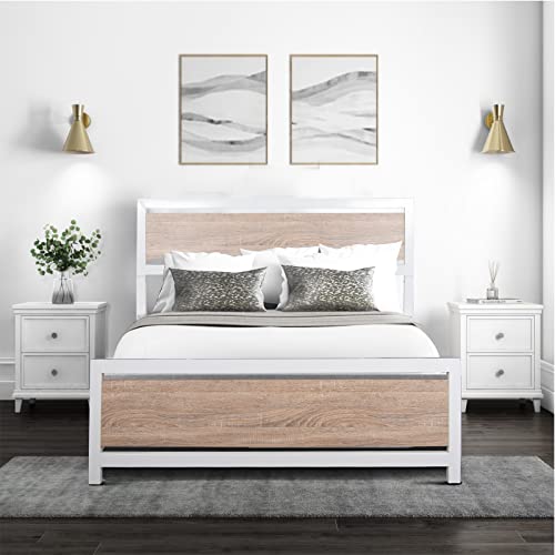 Bed Frame with Industrial Wooden Headboard and Footboard Strong Metal Support Frame Noise-Free No Box Spring Needed (White, Full)