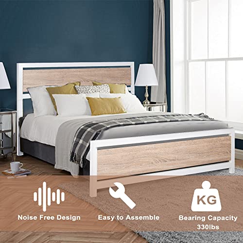 Bed Frame with Industrial Wooden Headboard and Footboard Strong Metal Support Frame Noise-Free No Box Spring Needed (White, Full)
