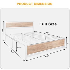 Bed Frame with Industrial Wooden Headboard and Footboard Strong Metal Support Frame Noise-Free No Box Spring Needed (White, Full)