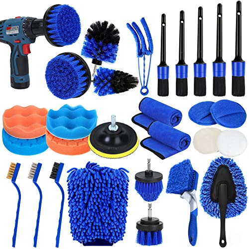 Wontolf 30Pcs Car Detailing Brush Set, Car Detailing Kit, Auto Detailing Drill Brush Set, Car Buffing Sponge Pads Kit,Car Cleaning Brush Tools Kit,Car Accessories for Interior,Exterior,Wheels,Home