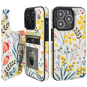 haopinsh for iphone 13 pro case wallet with card holder, floral flower pattern back flip folio pu leather kickstand card slots case for women girls, double magnetic clasp shockproof cover 6.1"