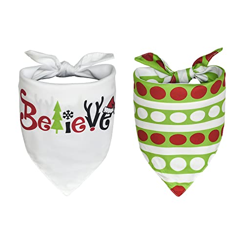 AVOIN colorlife Christmas Polka Dot Pet Bandana 2 Pcs, Adjustable Boho Believe Xmas Hat Holiday Party Triangle Reversible Dog Cat Scarf for Small Medium Large Dogs