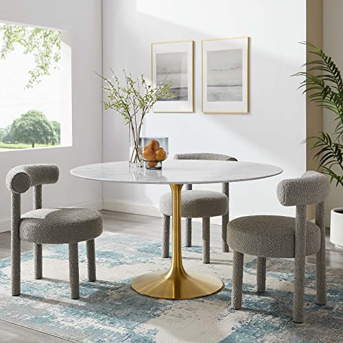 Modway Lippa 54" Mid-Century Dining Table with Round Artificial Marble Top in Gold White