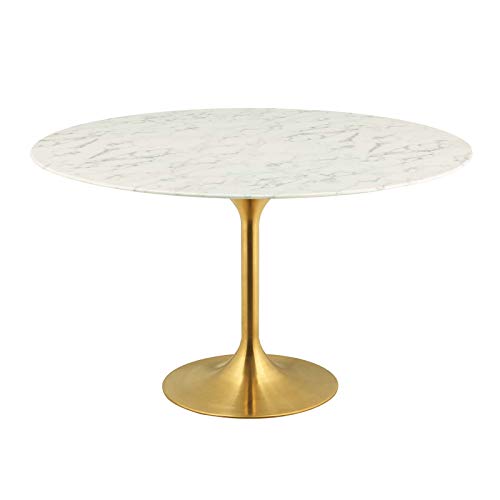 Modway Lippa 54" Mid-Century Dining Table with Round Artificial Marble Top in Gold White