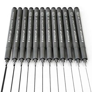 staedtler pigment liner black fineliner pens, full professional 12 pieces artist drawing technical drafting sets