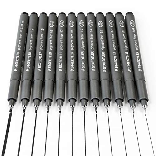 Staedtler Pigment Liner black fineliner pens, full professional 12 pieces artist drawing technical drafting sets